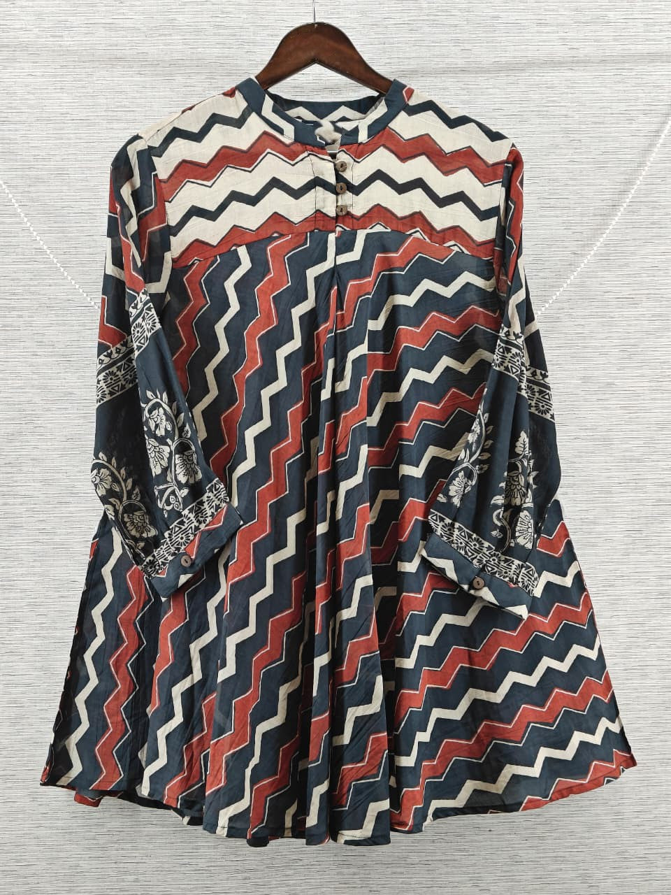 Red & Black Chevron Mul Chanderi Short Kurti for Women