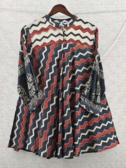 Red & Black Chevron Mul Chanderi Short Kurti for Women