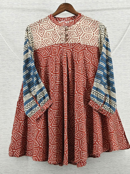Red Blue ethnic Mul Chanderi Short Kurti for Women