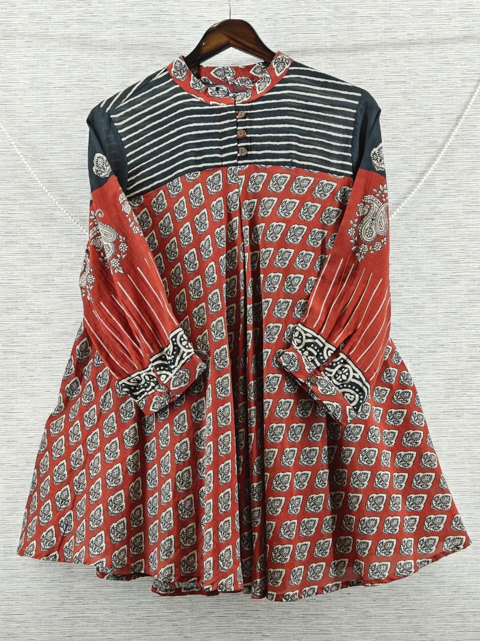 Red black stripe and ajrakh inspired Mul Chanderi Short Kurti for Women