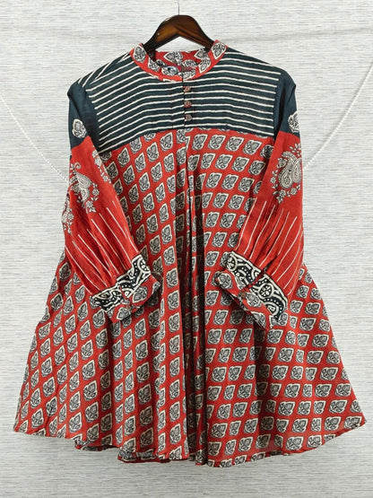 Red black stripe and ajrakh inspired Mul Chanderi Short Kurti for Women