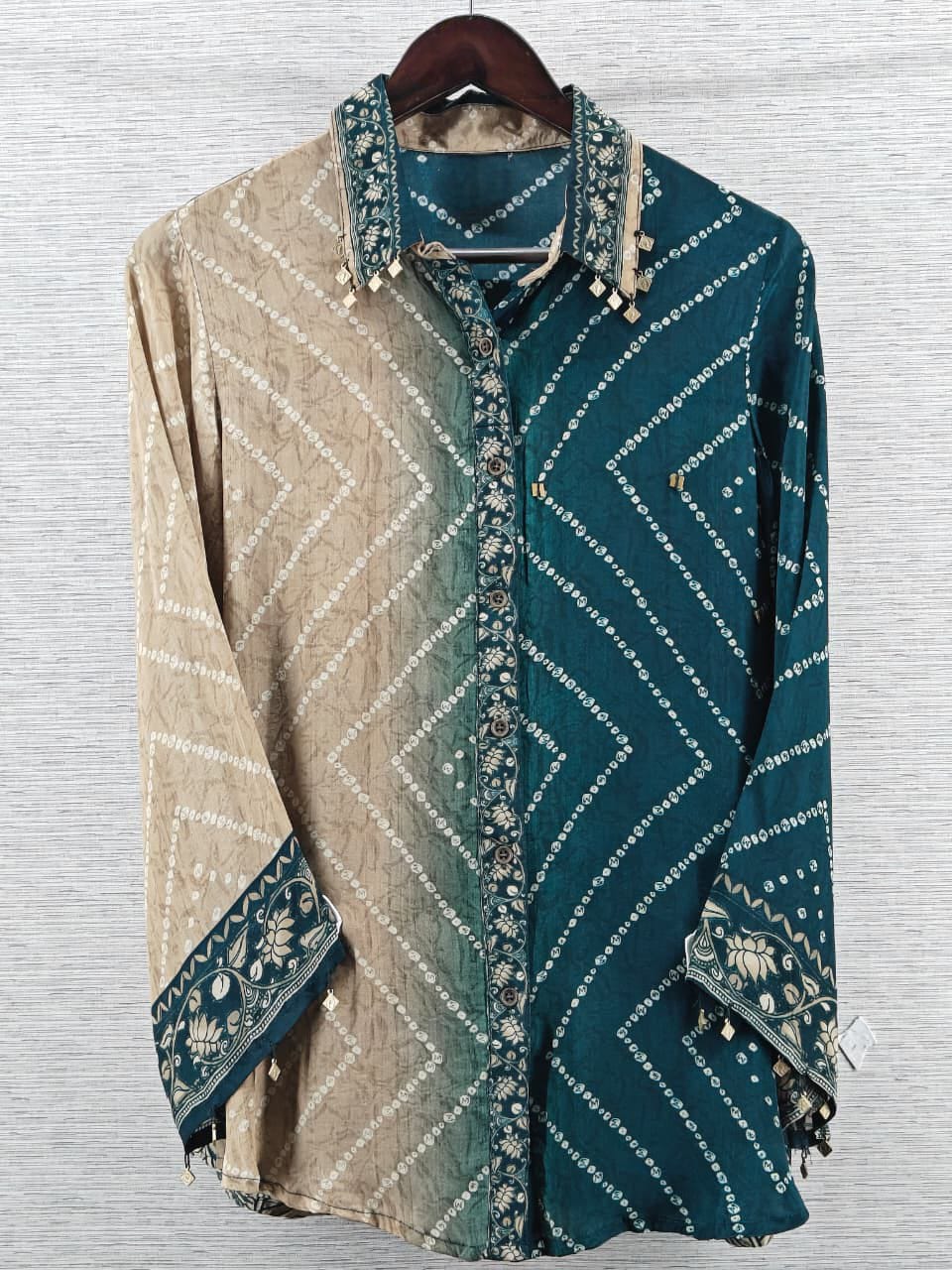 Green Bandhani Kalamkari Printed Crepe Shirt