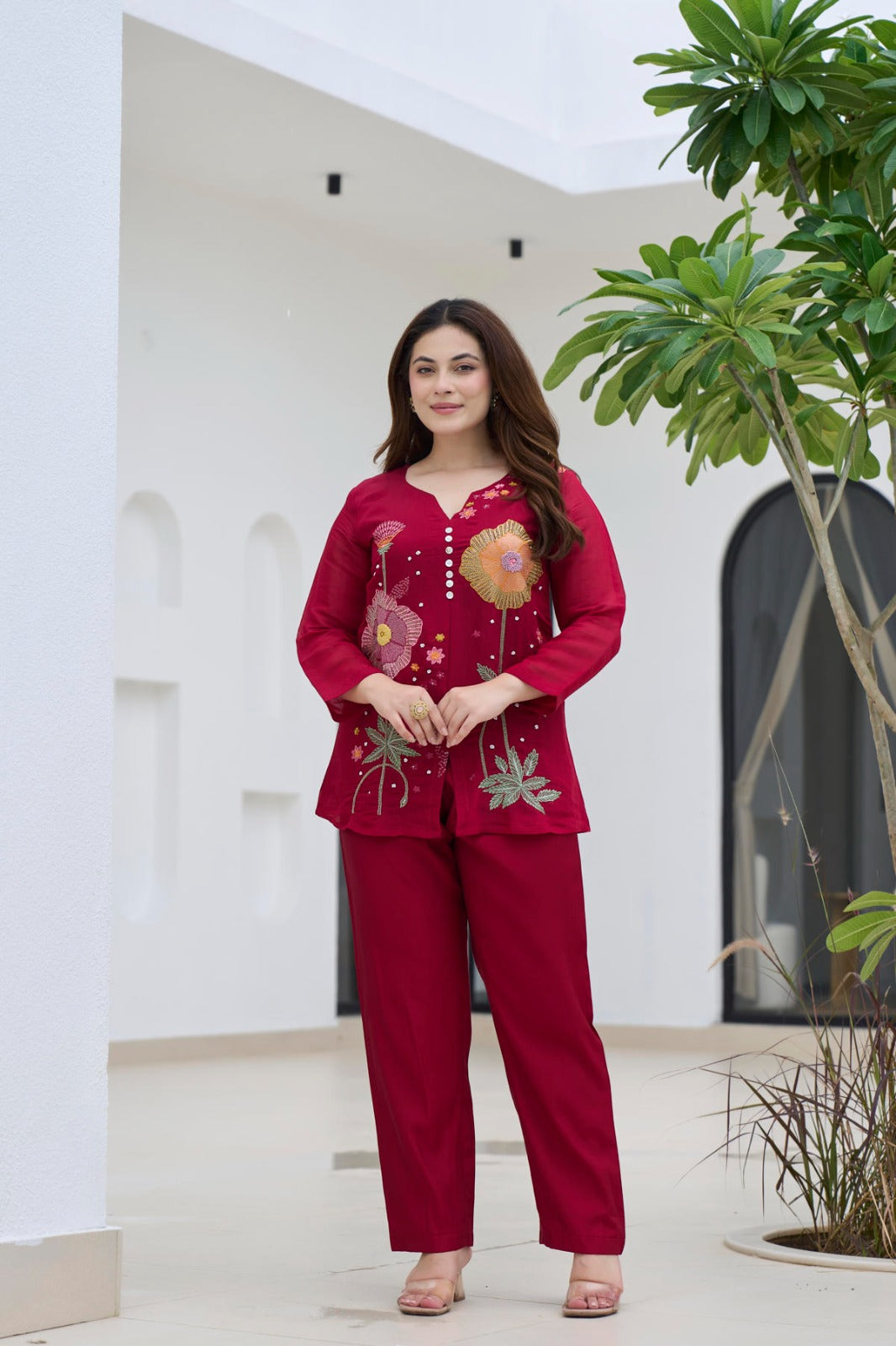 Red floral embroidered Co-ord set