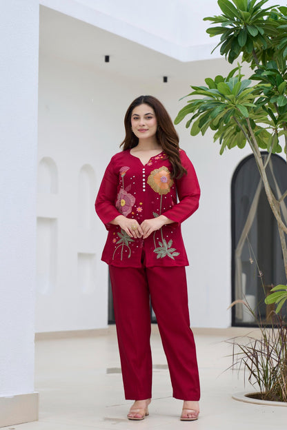Red floral embroidered Co-ord set