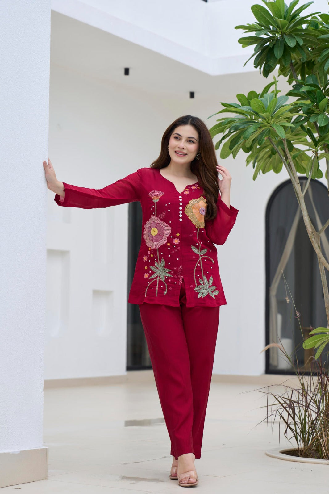 Red floral embroidered Co-ord set