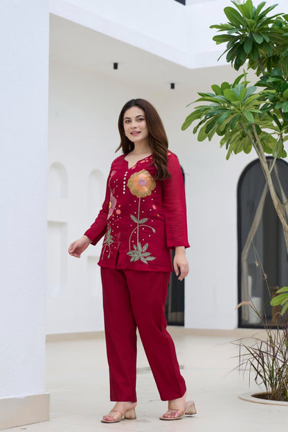 Red floral embroidered Co-ord set