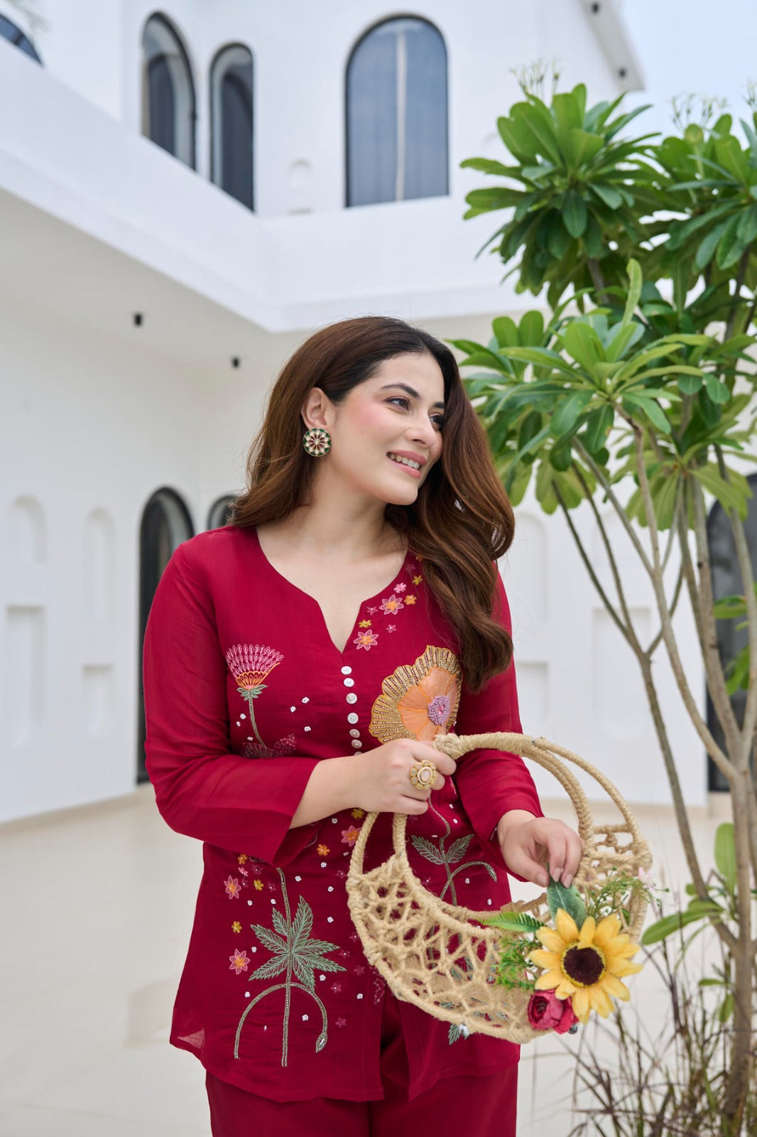 Red floral embroidered Co-ord set