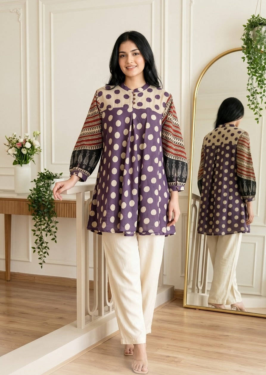 Purple beige Polka Dot Print Fusion A-Line Kurti