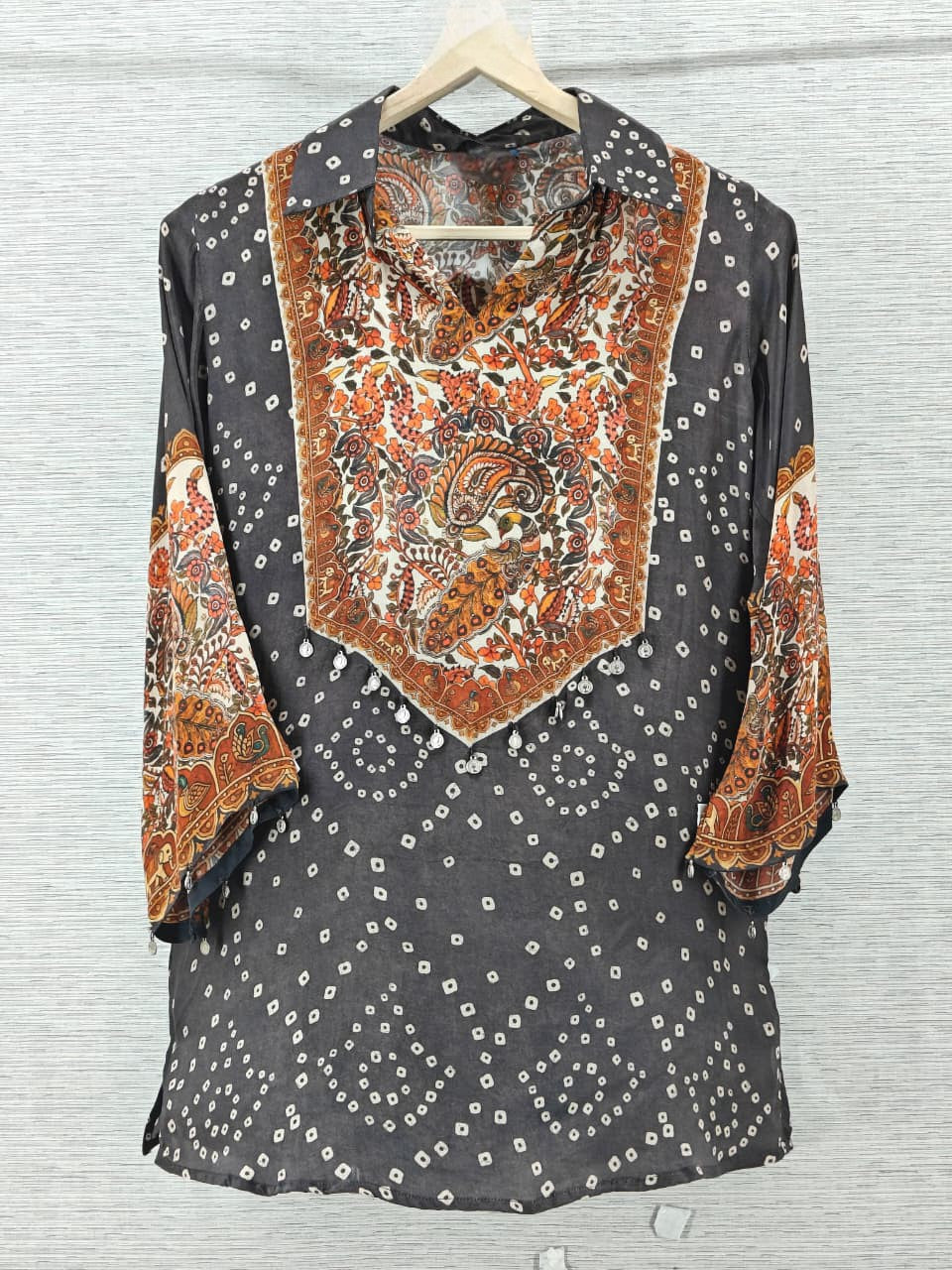 Black Bandhani Kalamkari Printed Crepe Shirt