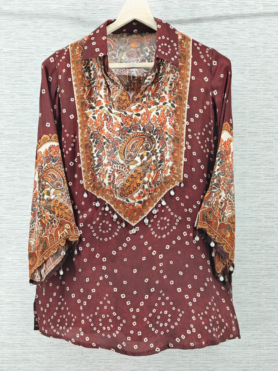 Maroon Bandhani Kalamkari Printed Crepe Shirt