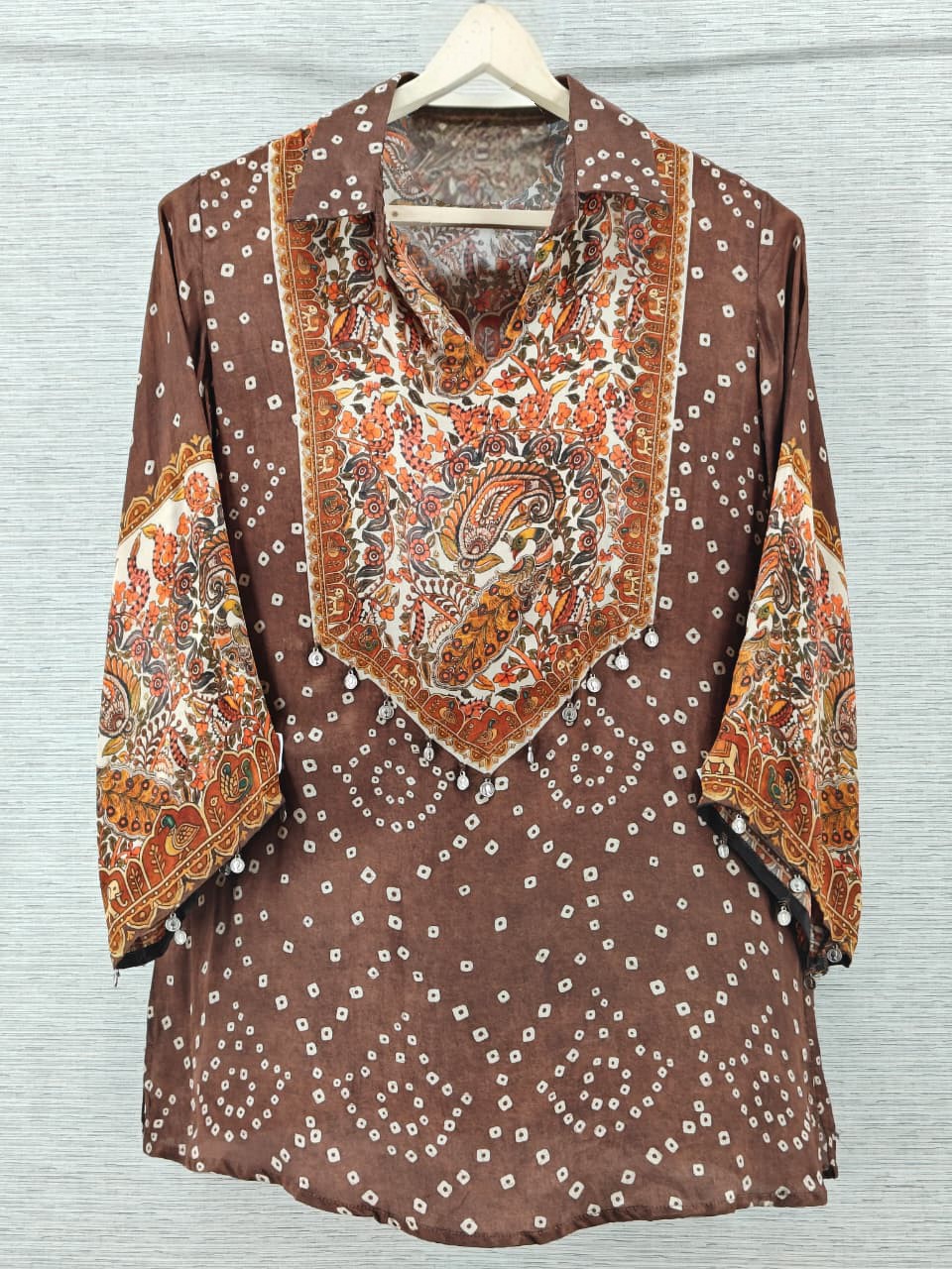 Brown Bandhani Kalamkari Printed Crepe Shirt