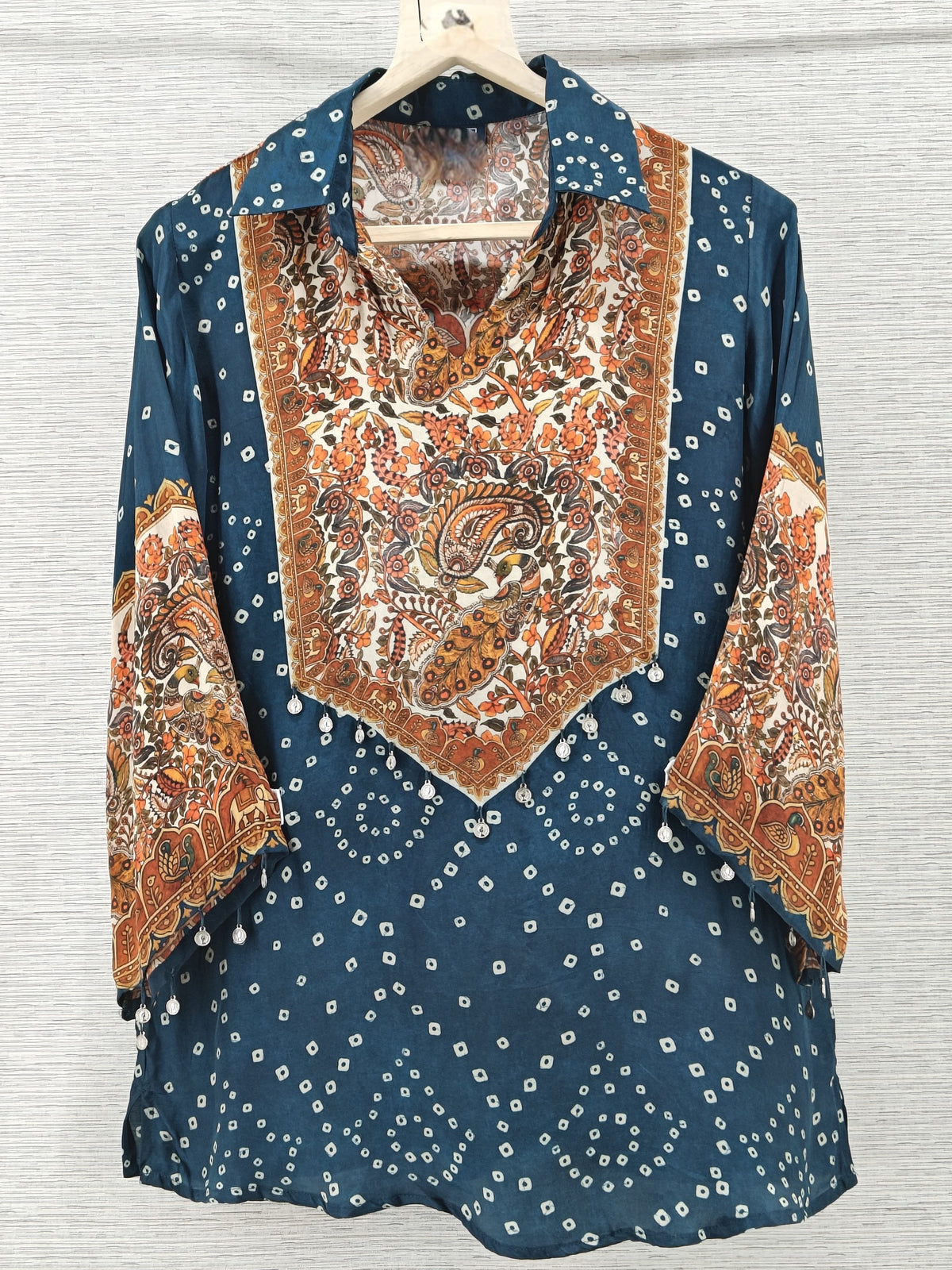 Blue Bandhani Kalamkari Printed Crepe Shirt