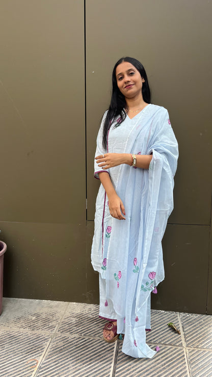 Handpainted Cotton Kurta Pant Dupatta Set