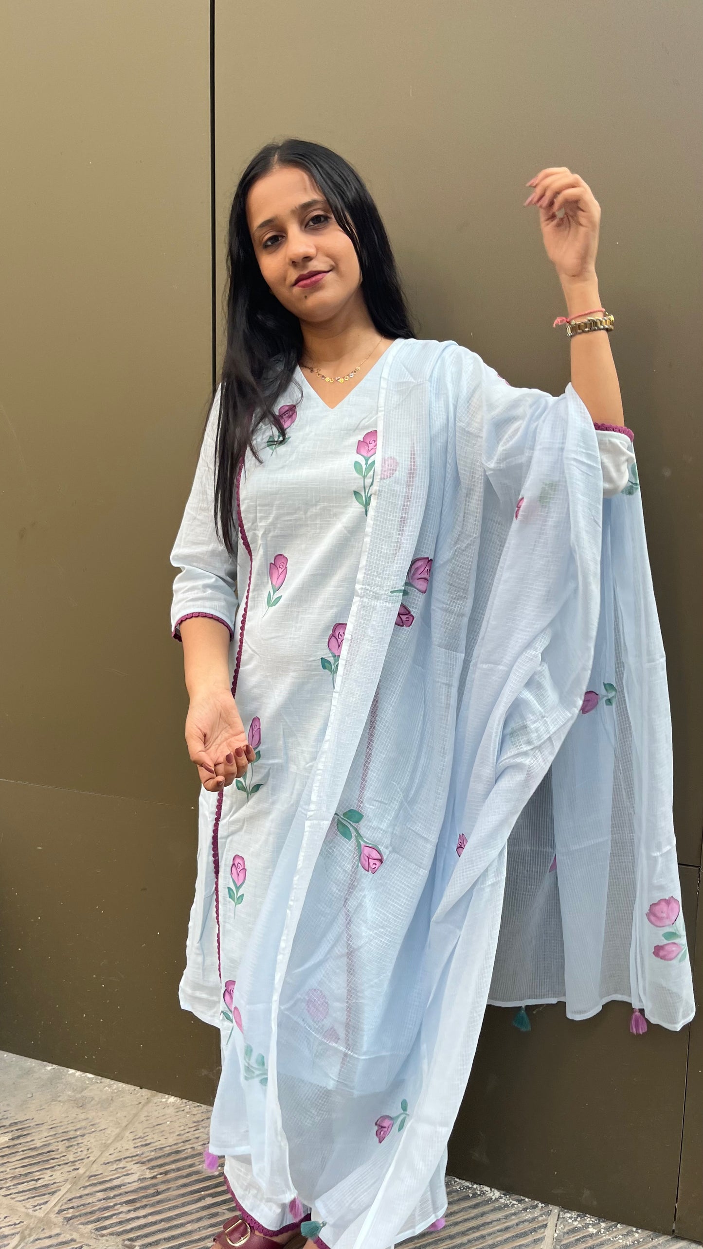 Handpainted Cotton Kurta Pant Dupatta Set