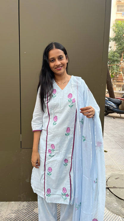 Handpainted Cotton Kurta Pant Dupatta Set