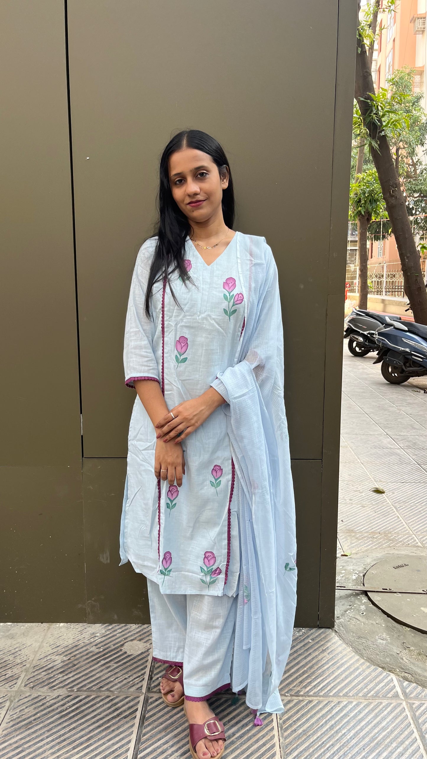 Handpainted Cotton Kurta Pant Dupatta Set