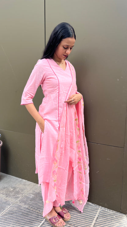 Handpainted Cotton Kurta Pant Dupatta Set