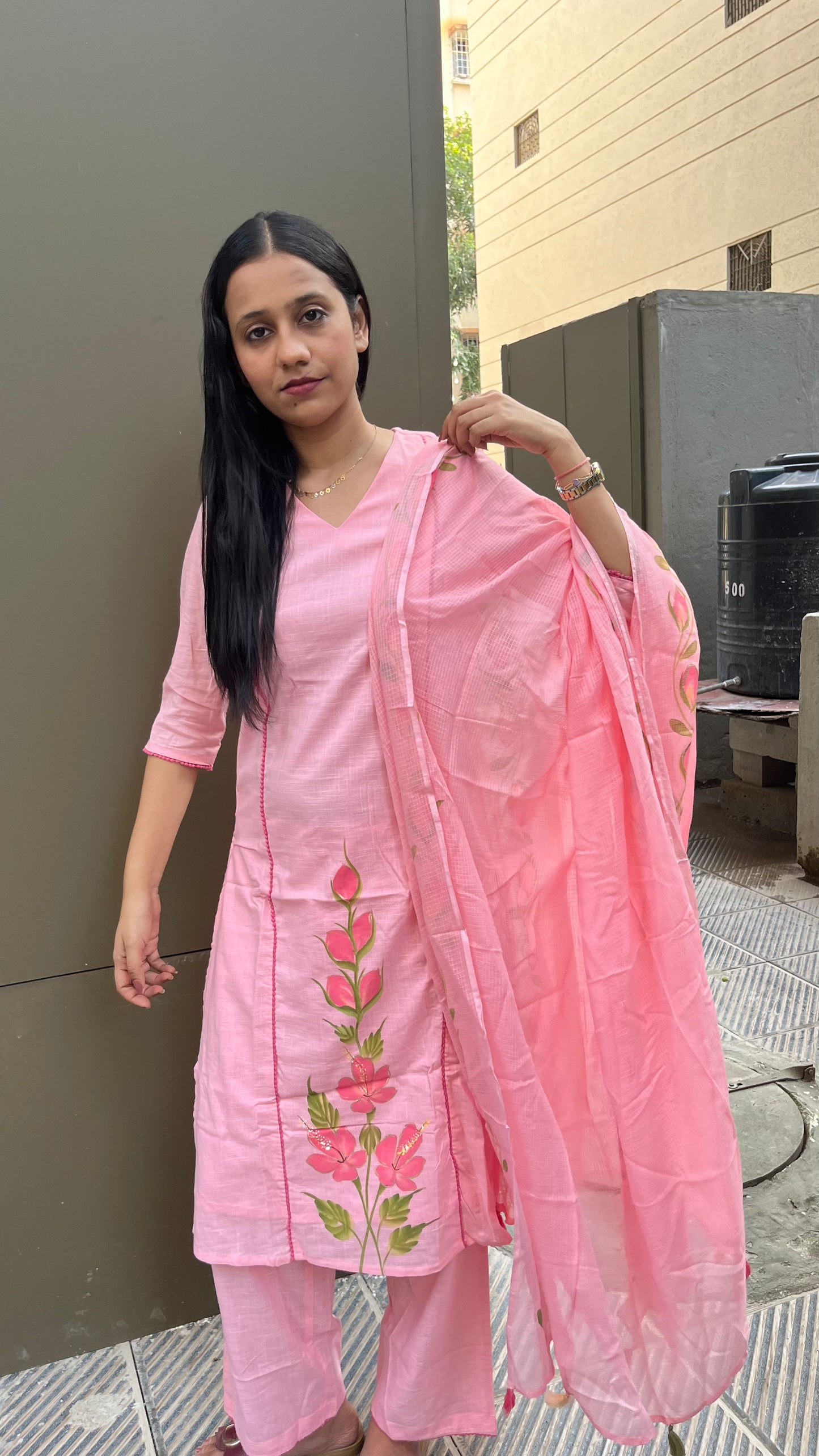 Handpainted Cotton Kurta Pant Dupatta Set