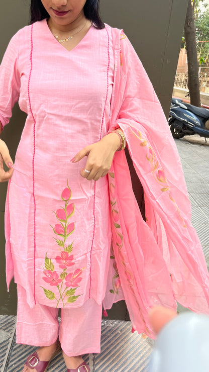 Handpainted Cotton Kurta Pant Dupatta Set