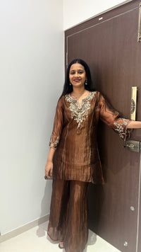 Brown Tissue Green Embellished Kurta set