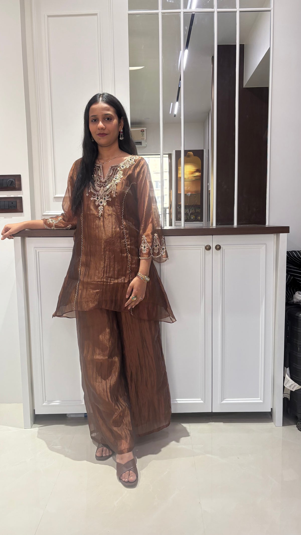 Brown Tissue Green Embellished Kurta set