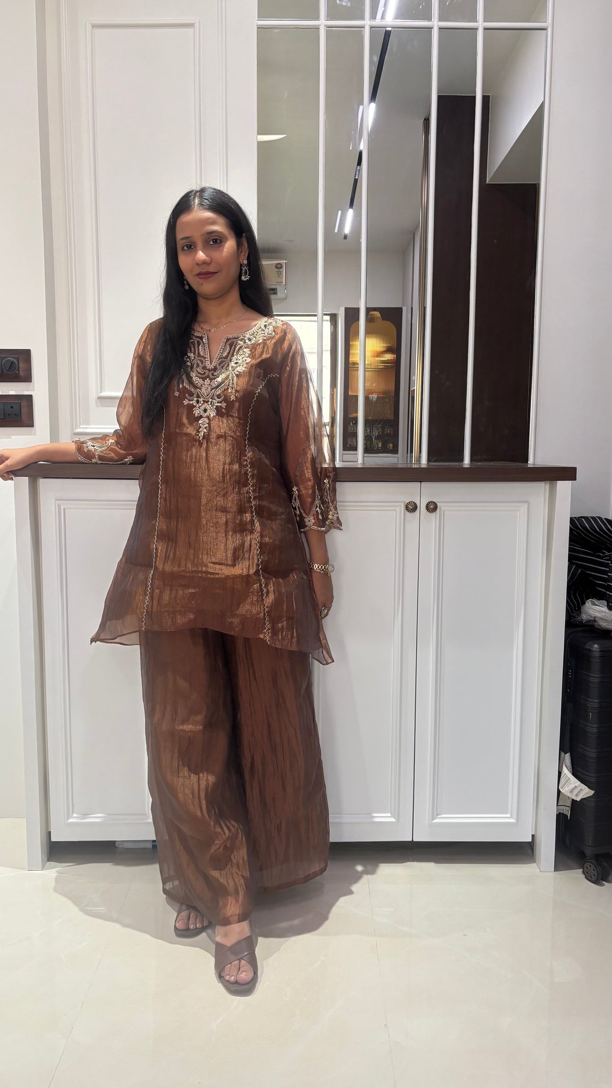 Brown Tissue Green Embellished Kurta set