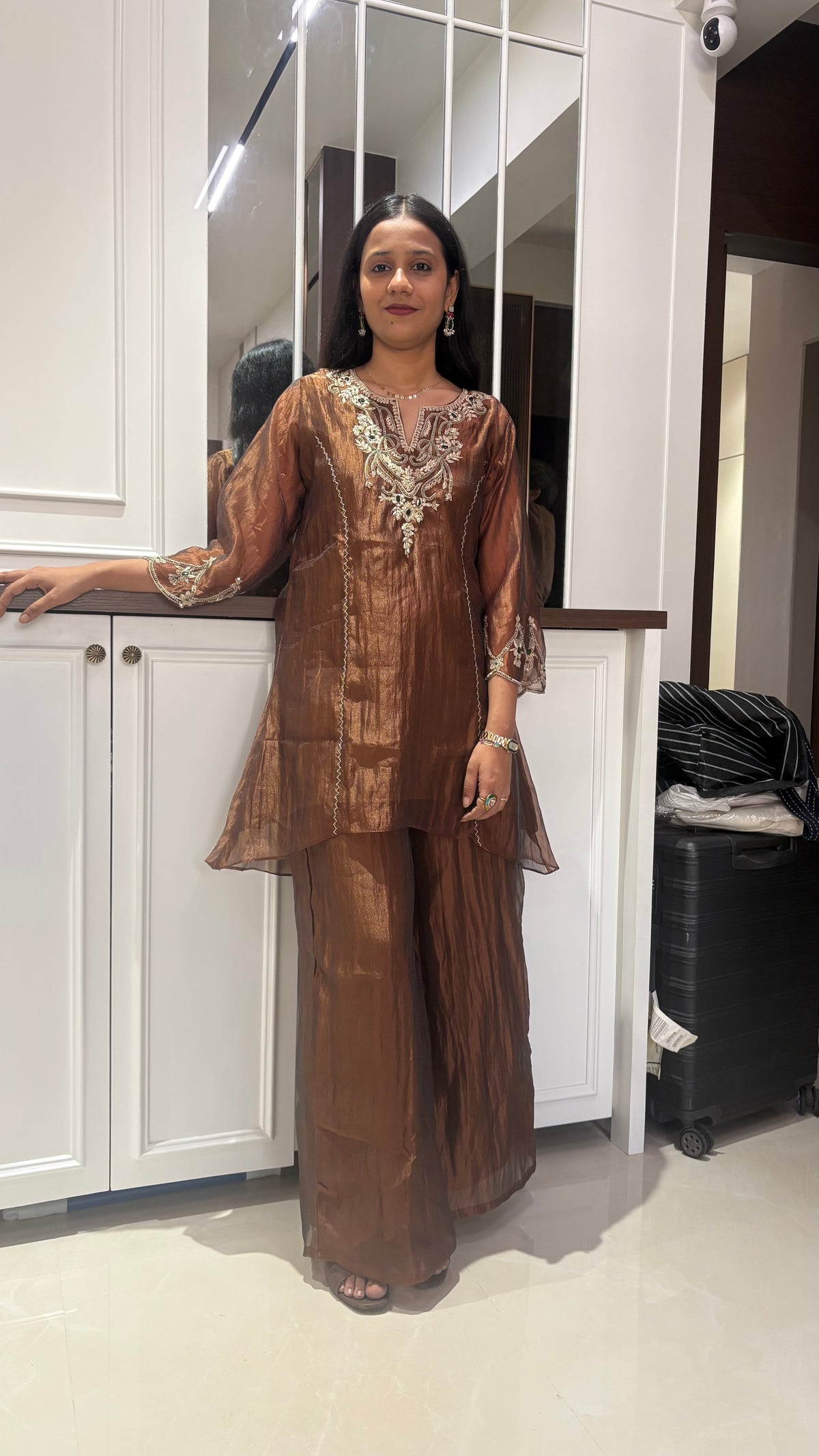 Brown Tissue Green Embellished Kurta set