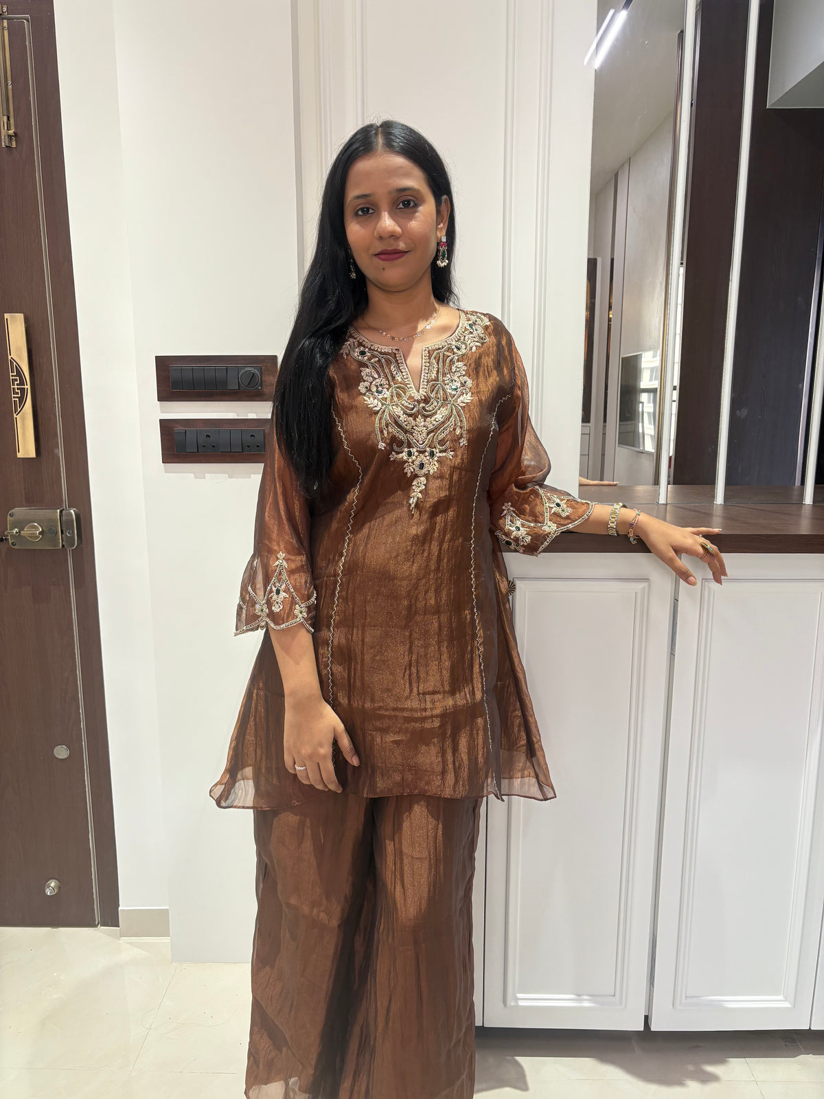 Brown Tissue Green Embellished Kurta set