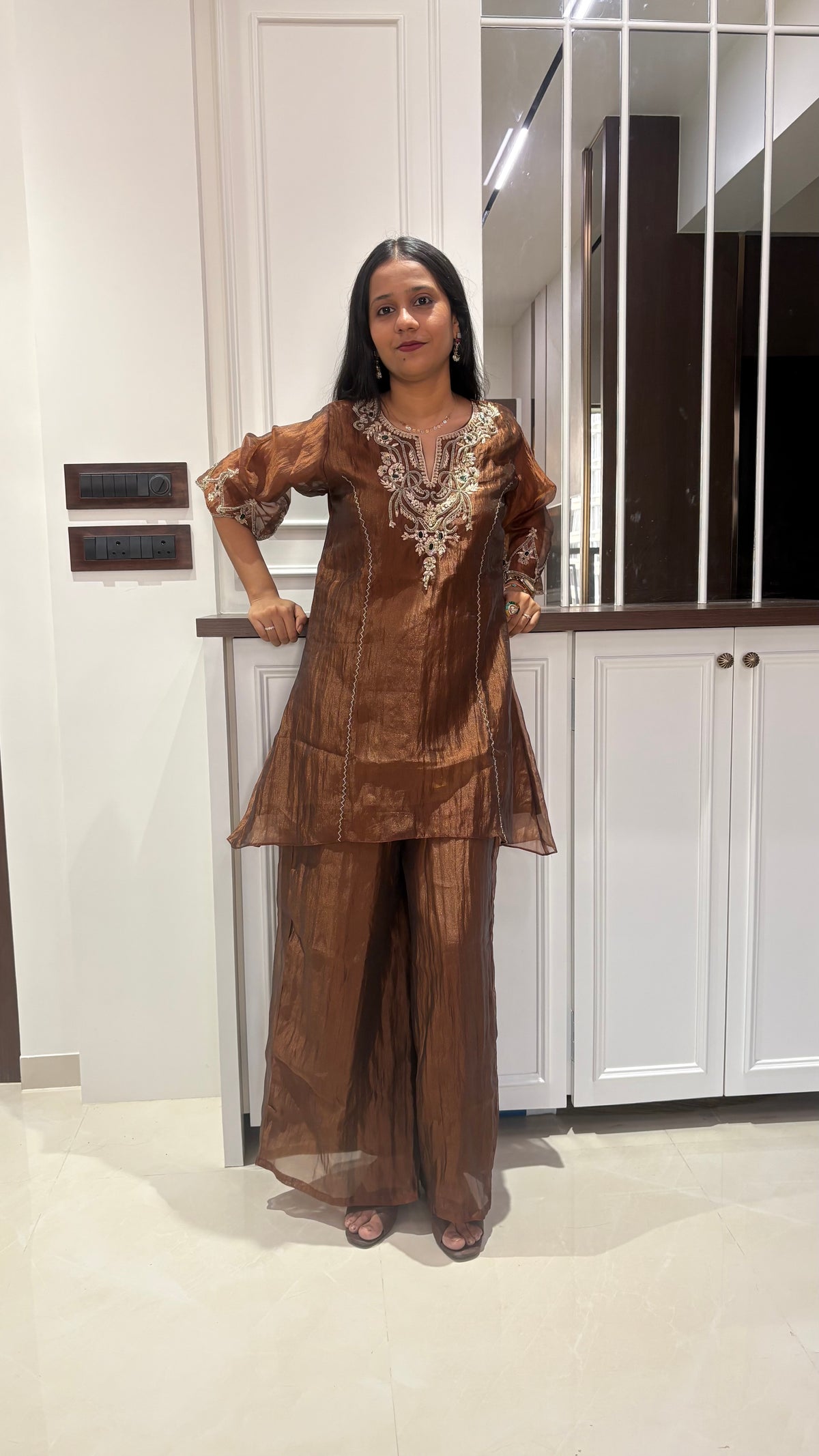 Brown Tissue Green Embellished Kurta set