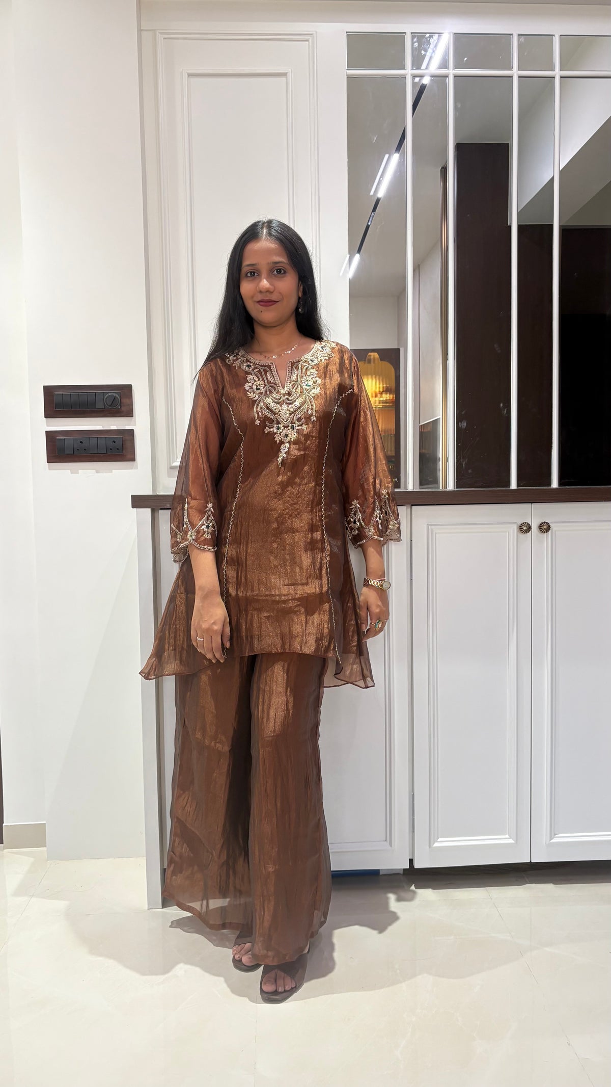 Brown Tissue Green Embellished Kurta set
