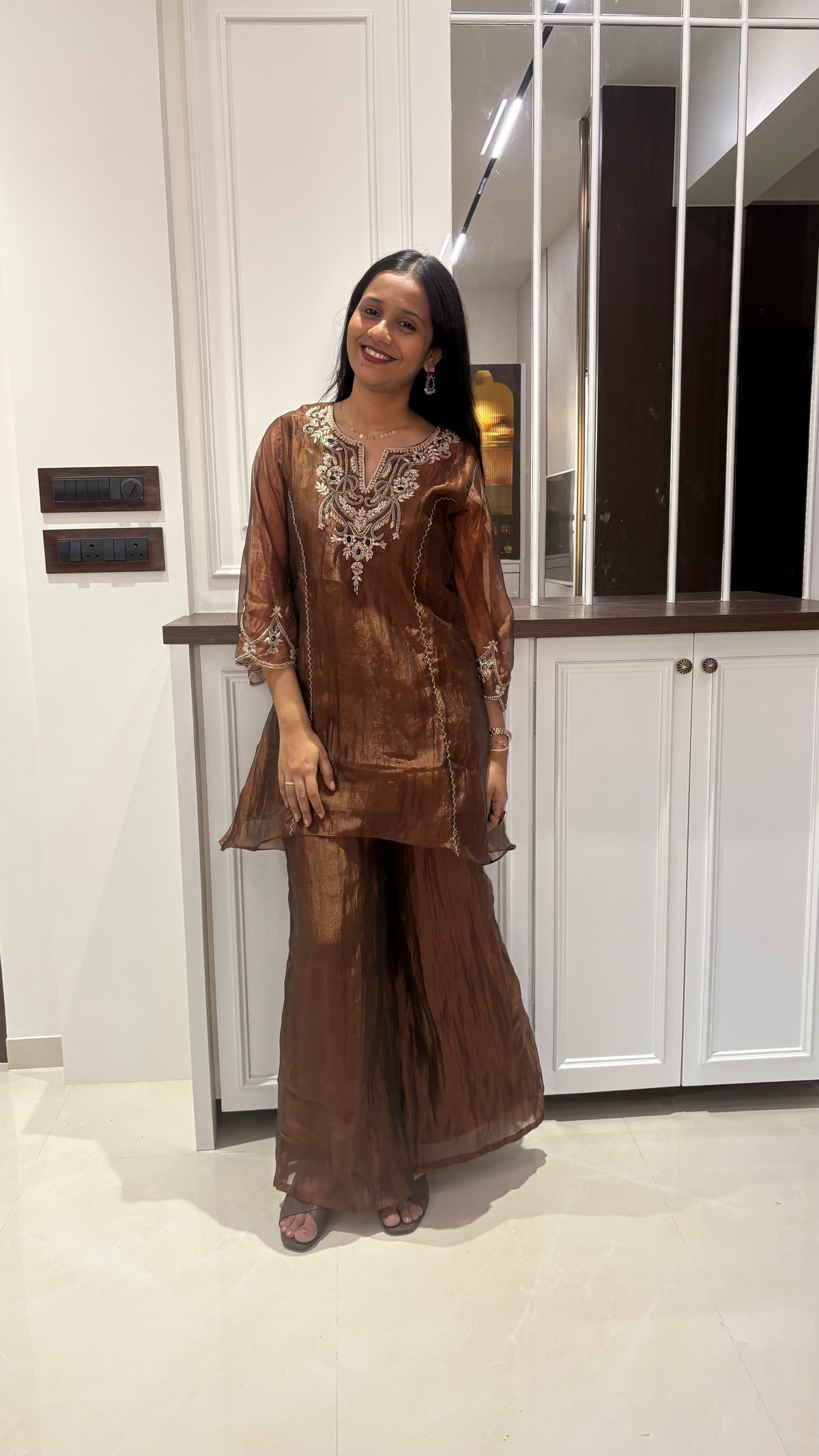 Brown Tissue Green Embellished Kurta set