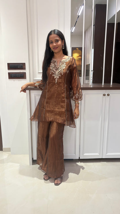Brown Tissue Green Embellished Kurta set