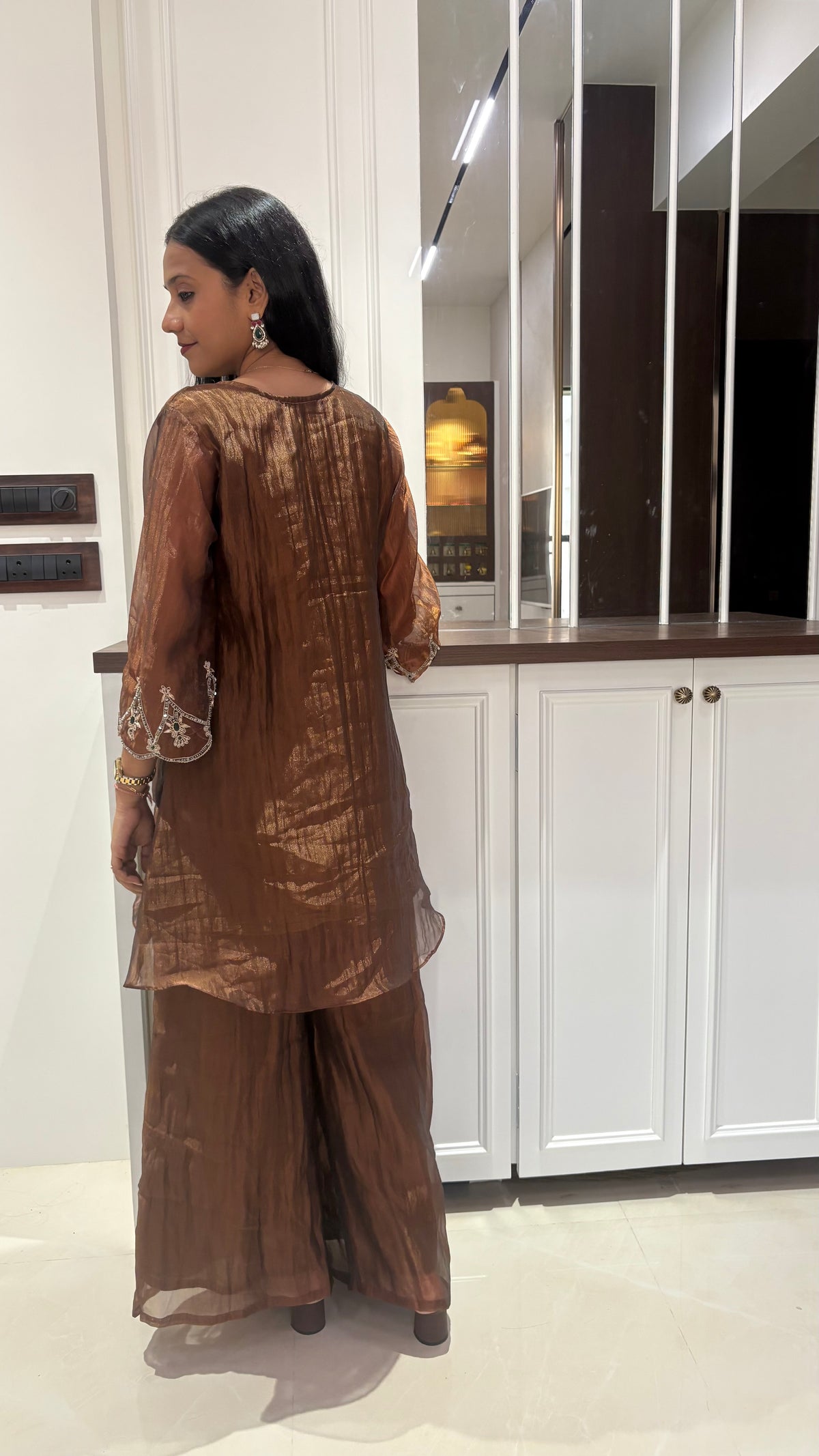 Brown Tissue Green Embellished Kurta set
