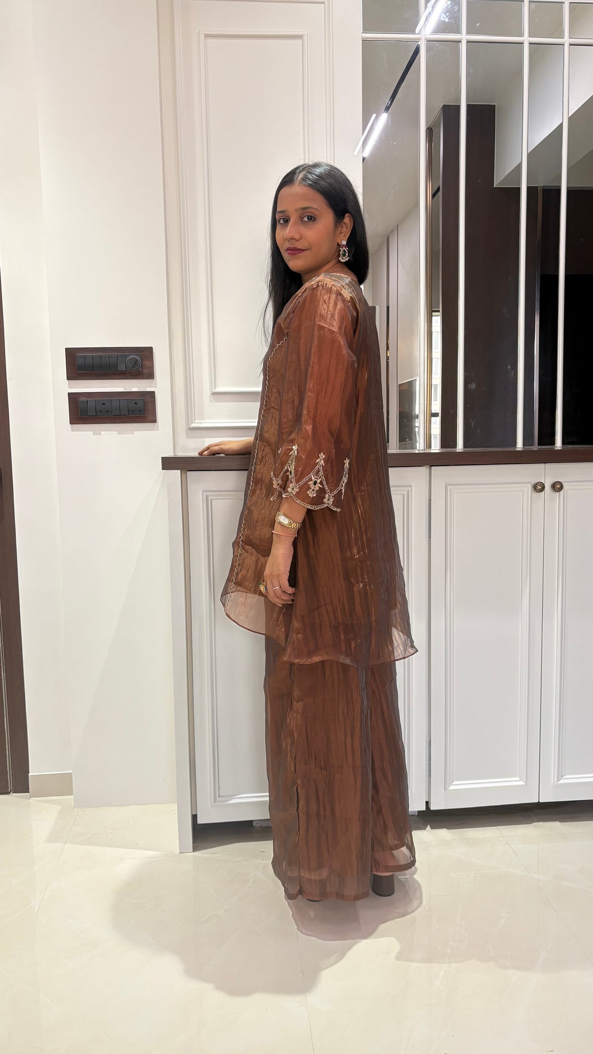 Brown Tissue Green Embellished Kurta set