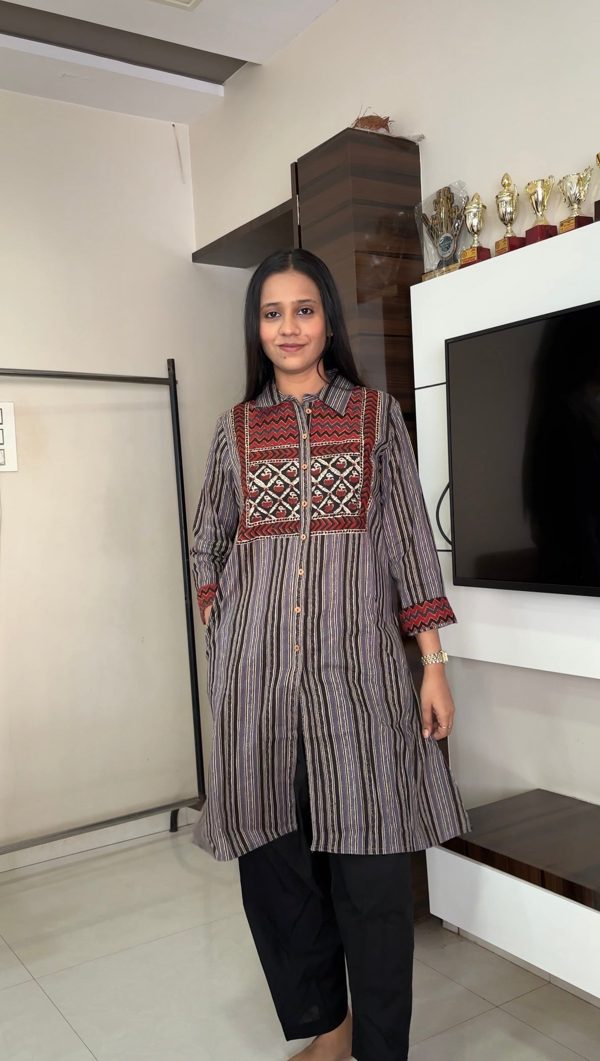 Grey Red Cotton Kurti Pant Set