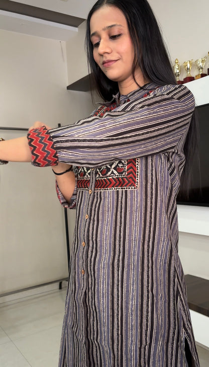 Grey Red Cotton Kurti Pant Set