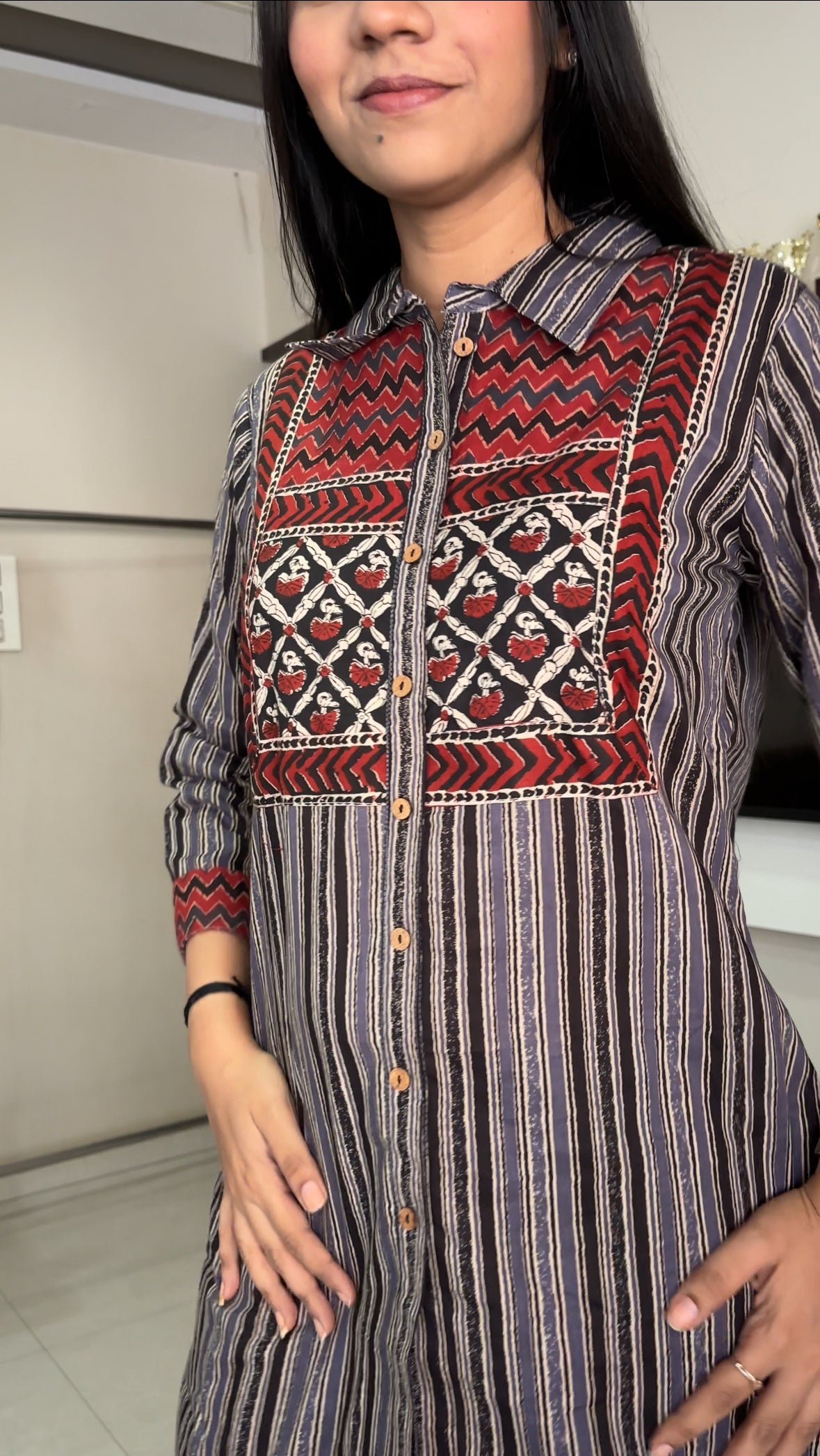 Grey Red Cotton Kurti Pant Set