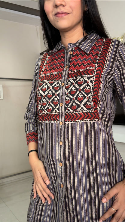 Grey Red Cotton Kurti Pant Set