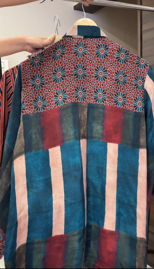Blue and Beige Stripe Ajrakh printed Shirt