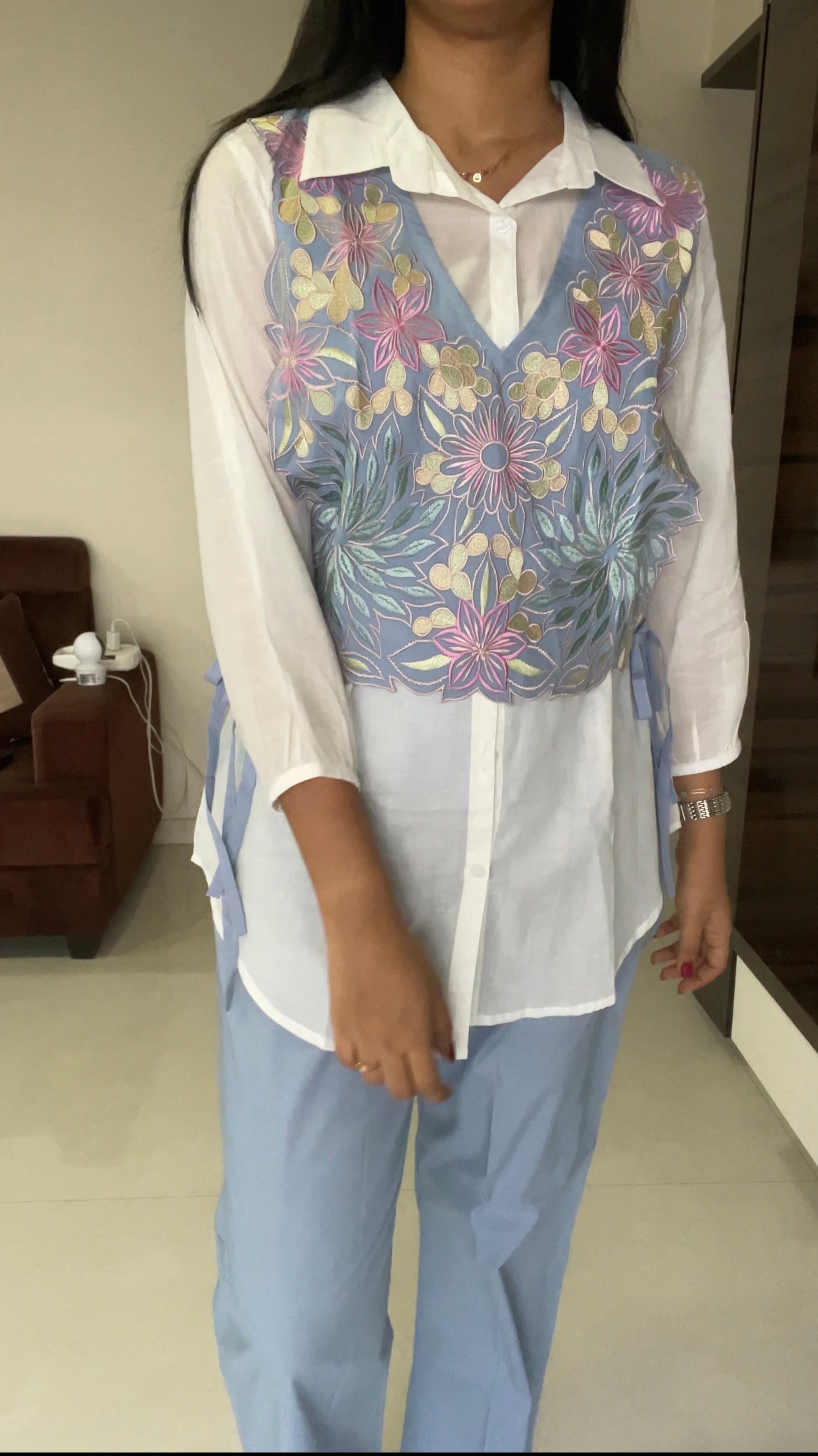 Powder Blue Floral Embroidered Waistcoat Co-ord Set