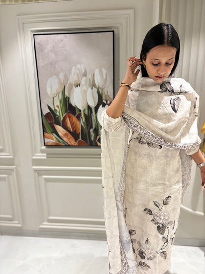 White abstract print Salwar Suit - Suit Set Kurti Pant Dupatta Set