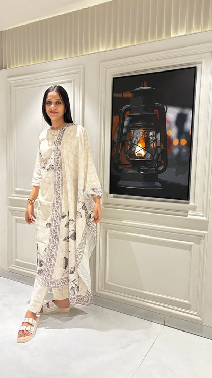 White abstract print Salwar Suit - Suit Set Kurti Pant Dupatta Set