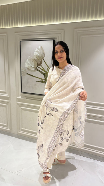 White abstract print Salwar Suit - Suit Set Kurti Pant Dupatta Set