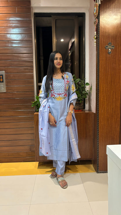 Mul Chanderi Embroidered Kurta Pant Dupatta set - Suit Set Kurti Pant Dupatta Set