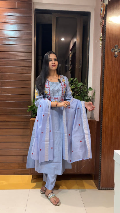 Mul Chanderi Embroidered Kurta Pant Dupatta set - Suit Set Kurti Pant Dupatta Set