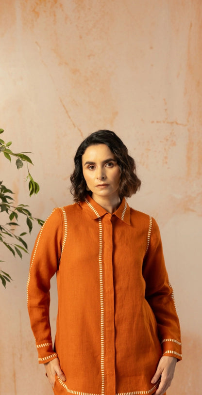 Rust Cotton Linen Co-Ord with Printed Trims