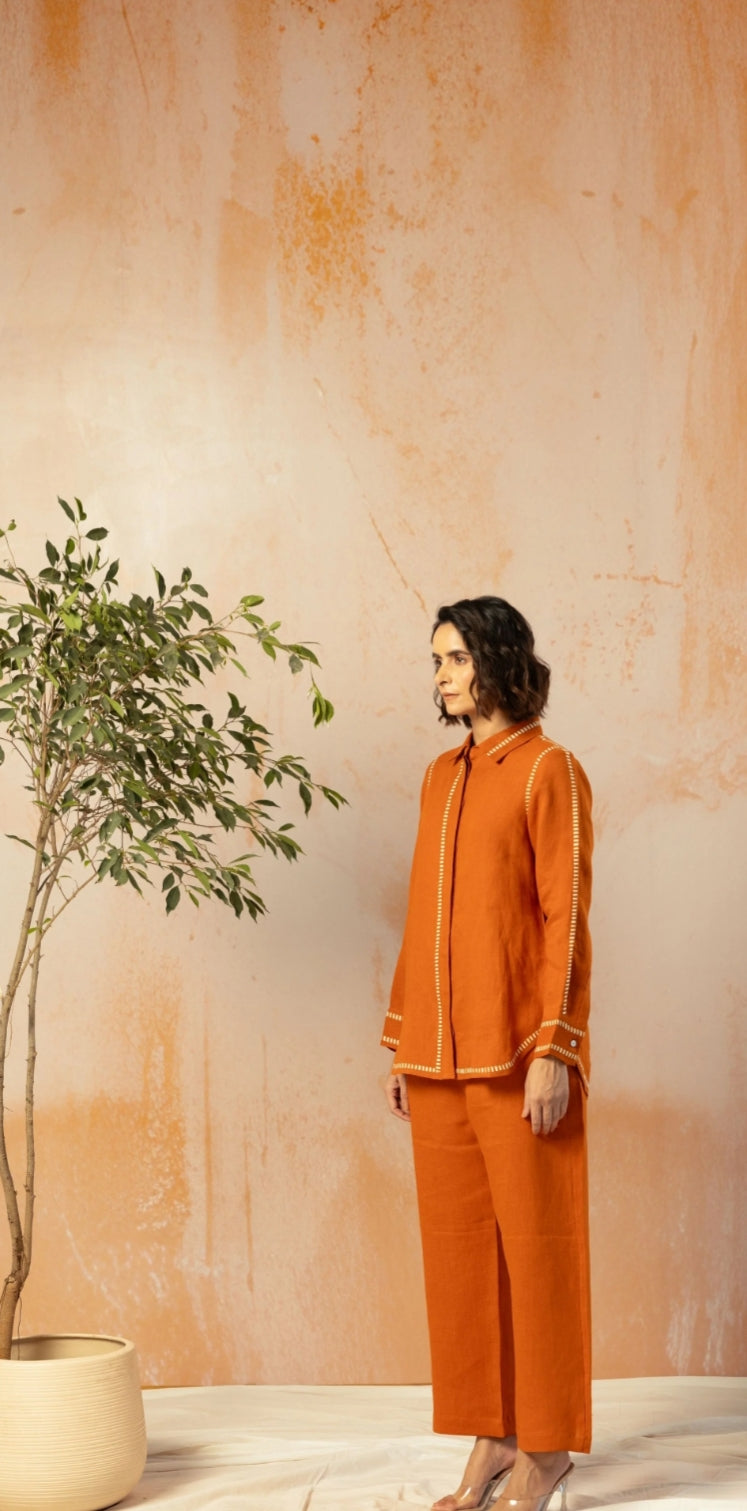 Rust Cotton Linen Co-Ord with Printed Trims