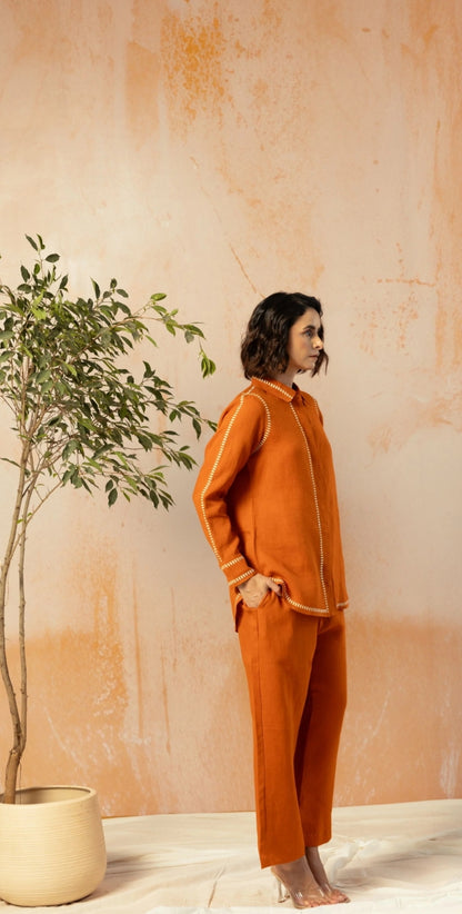 Rust Cotton Linen Co-Ord with Printed Trims