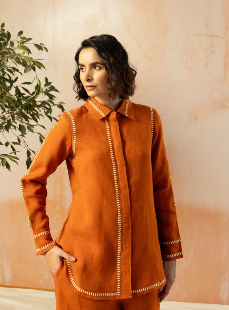 Rust Cotton Linen Co-Ord with Printed Trims