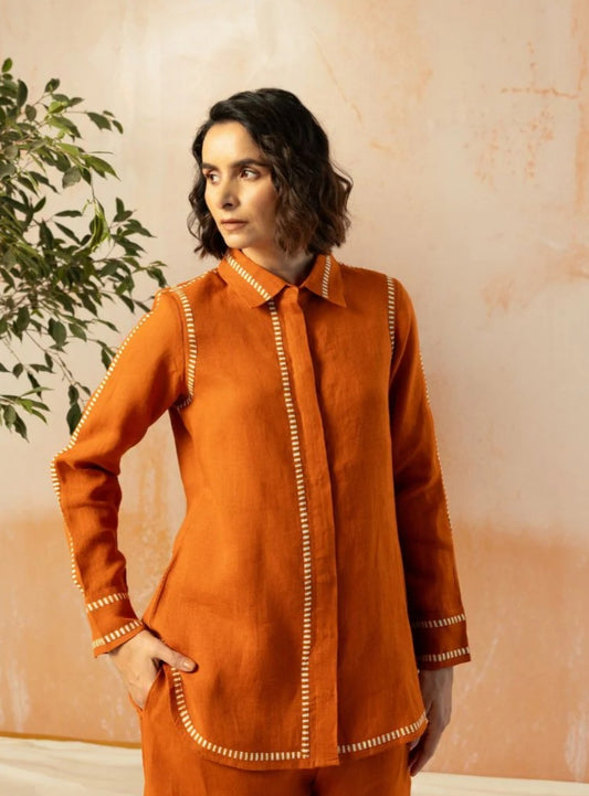 Rust Cotton Linen Co-Ord with Printed Trims